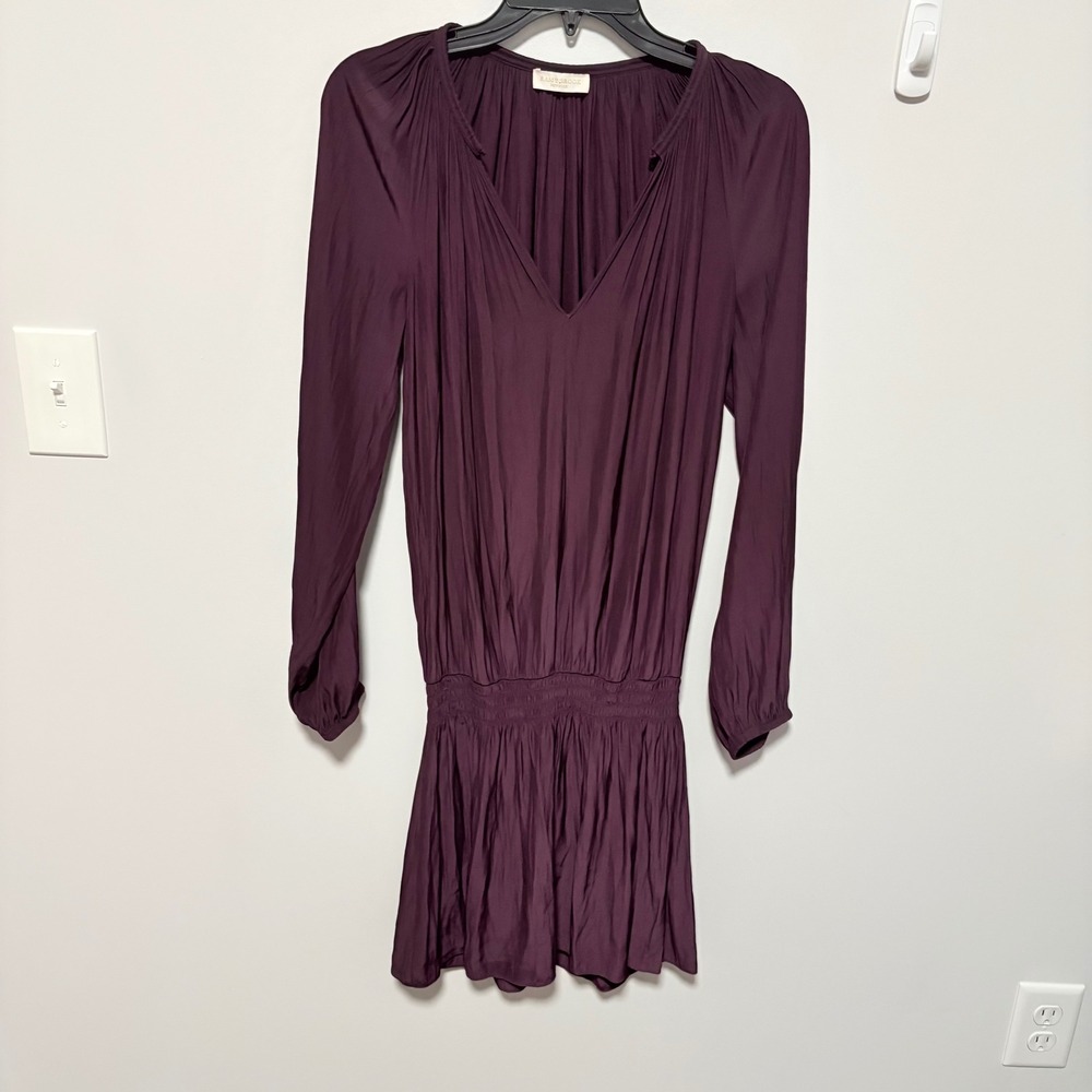 Ramy Brook Smocked Drop Waist Mini Dress Women Plum Purple size M Long Sleeve